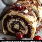 Luxurious Cherry Chocolate Roll Cake with chocolate frosting and cherry toppings