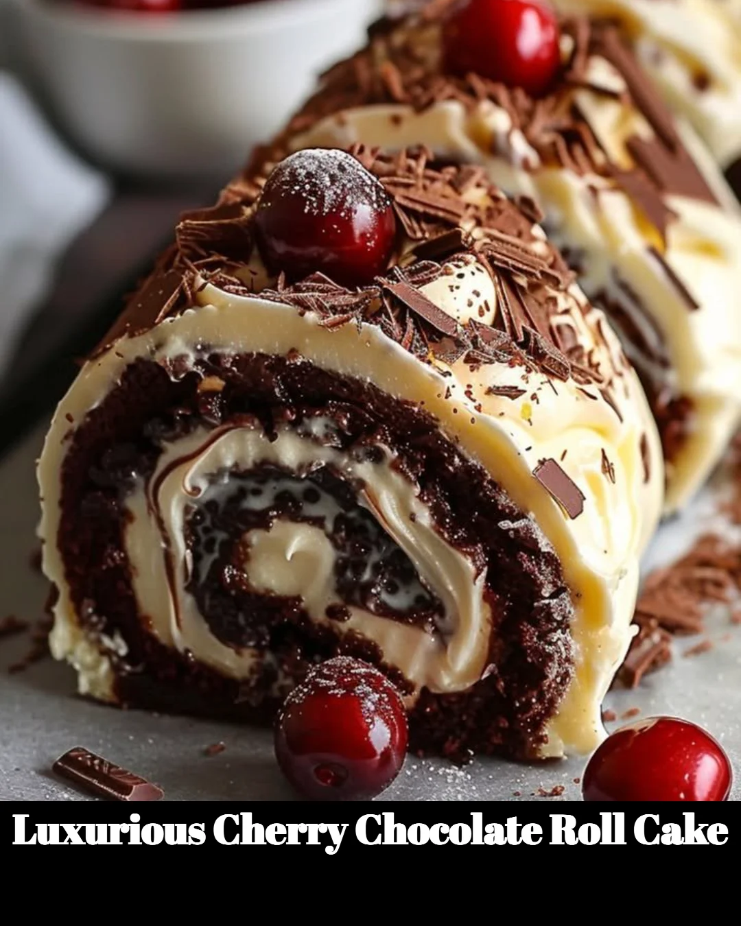 Luxurious Cherry Chocolate Roll Cake with chocolate frosting and cherry toppings