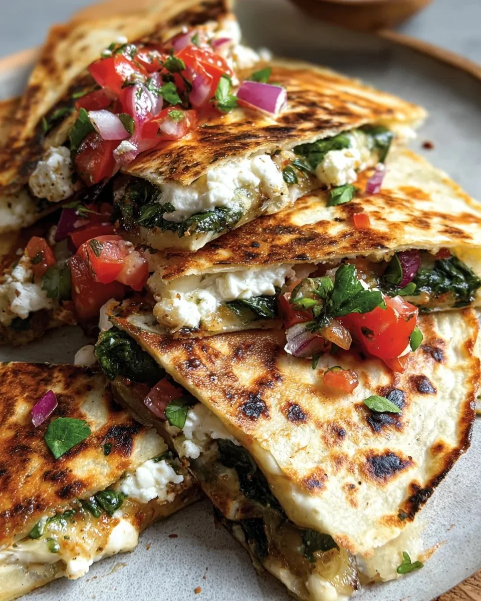Delicious Mediterranean Quesadillas filled with herbs, cheese, and vegetables