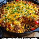 Mexican beef and rice gratin topped with melted cheese in a baking dish