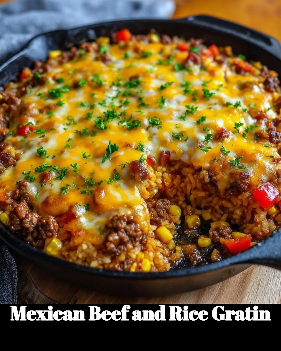 Mexican beef and rice gratin topped with melted cheese in a baking dish
