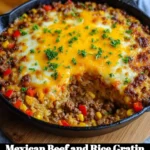 Delicious Mexican beef and rice gratin served in a dish with melted cheese.