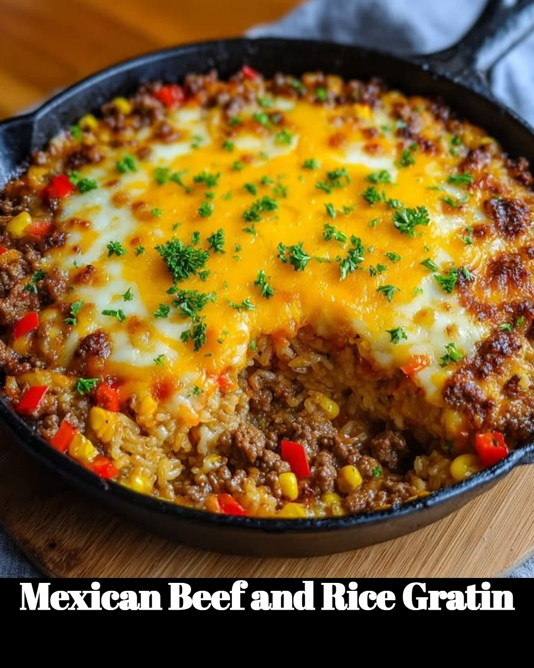 Delicious Mexican beef and rice gratin served in a dish with melted cheese.