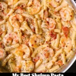 Delicious shrimp pasta served with fresh herbs and garlic in a creamy sauce
