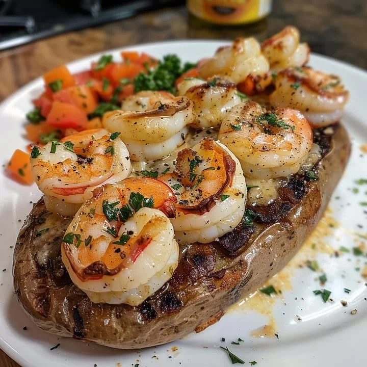 Juicy New York Strip steak served with a Loaded Shrimp Baked Potato.