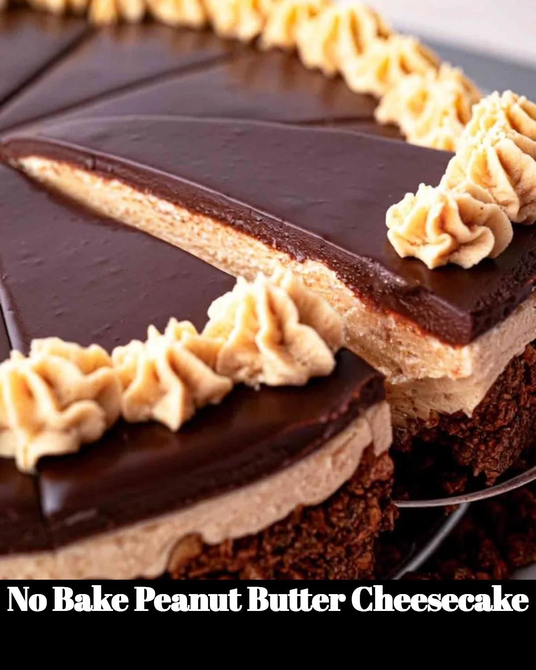 Delicious no bake peanut butter cheesecake topped with chocolate and peanuts