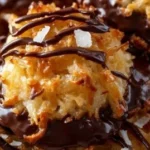No bake Samoa cookies topped with chocolate and coconut.