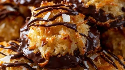 No bake Samoa cookies topped with chocolate and coconut.