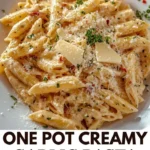 Bowl of one pot creamy garlic pasta with herbs and cheese