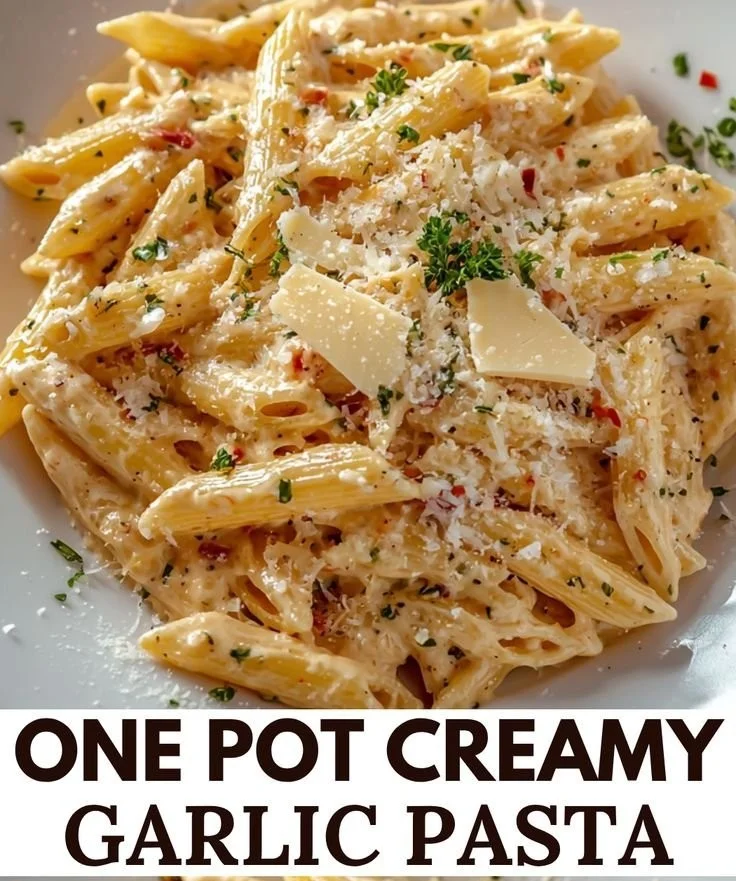 Bowl of one pot creamy garlic pasta with herbs and cheese