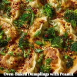 Oven-baked dumplings served with peanut sauce on a plate.