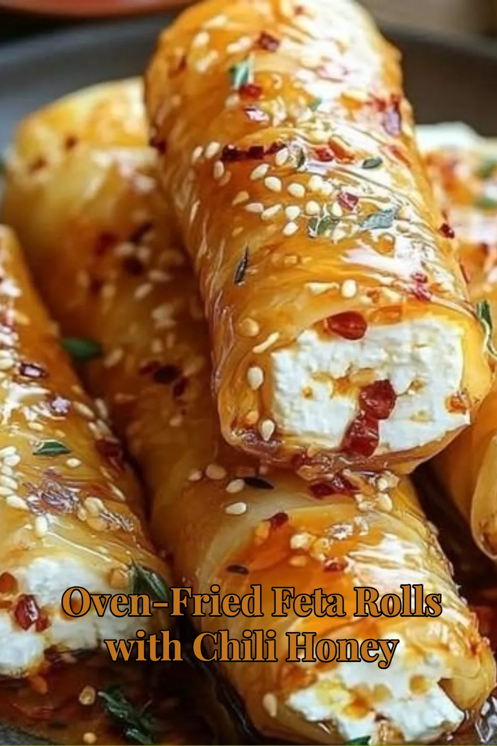 Oven-fried feta rolls with chili honey served on a plate