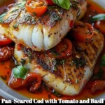 Plate of pan-seared cod fillet topped with tomato and basil sauce