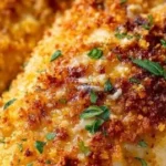 Delicious Parmesan Crusted Chicken garnished and ready to serve