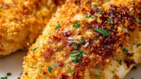 Delicious Parmesan Crusted Chicken garnished and ready to serve