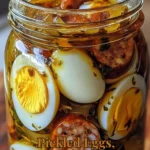 Pickled eggs served with sausage and onions on a plate