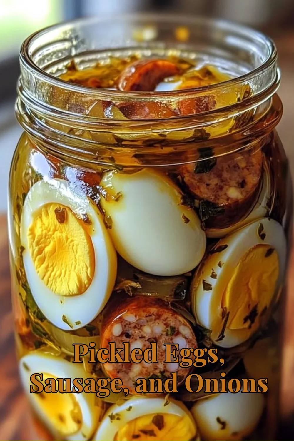 Pickled eggs served with sausage and onions on a plate
