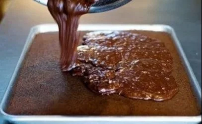 Pioneer Woman's delicious chocolate sheet cake topped with chocolate frosting.