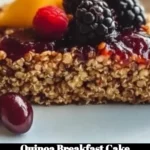 Delicious quinoa breakfast cake topped with fresh berries and nuts