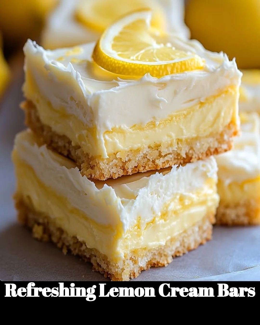 Delicious and refreshing lemon cream bars on a white plate.