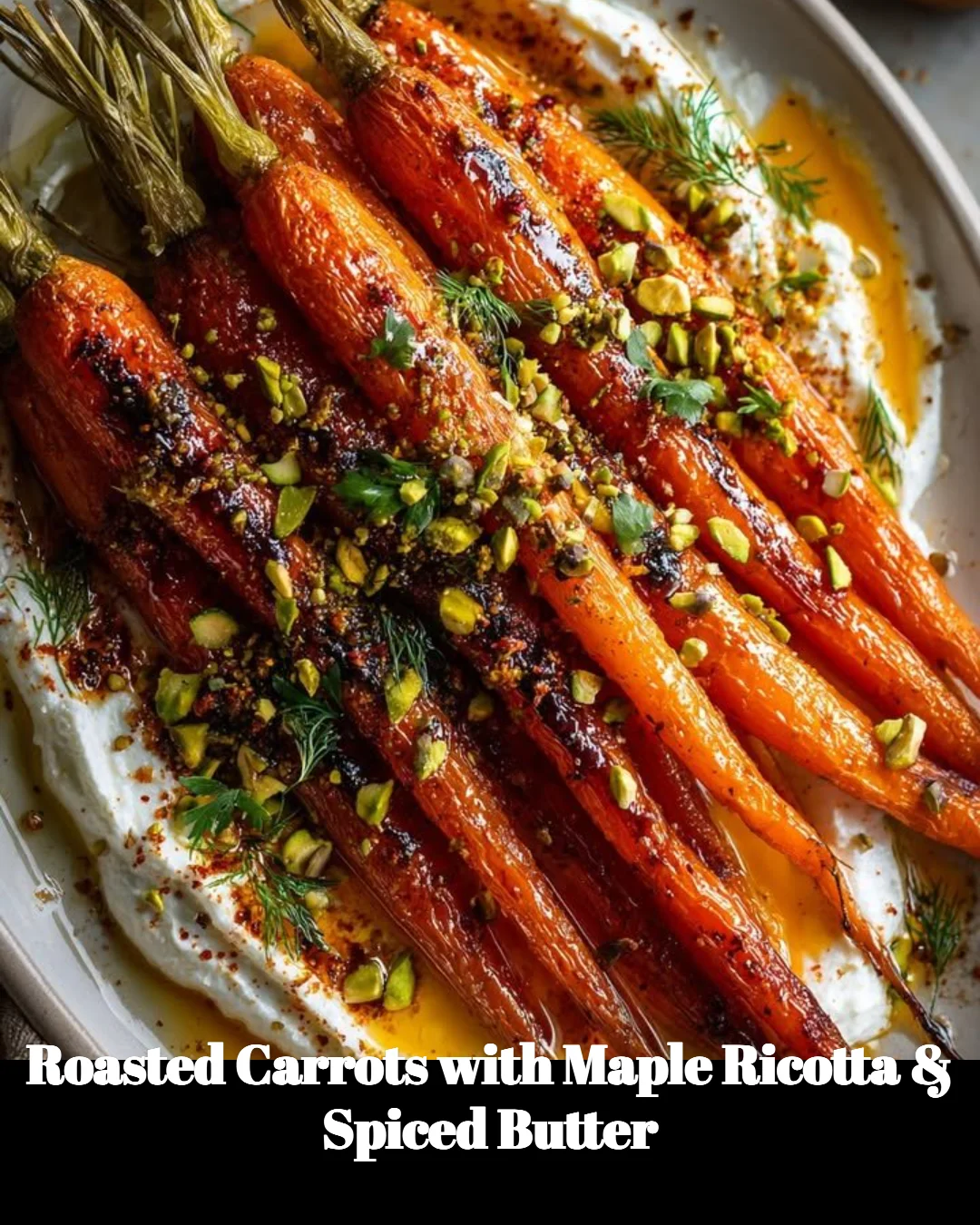 Plate of roasted carrots with maple ricotta and spiced butter drizzle