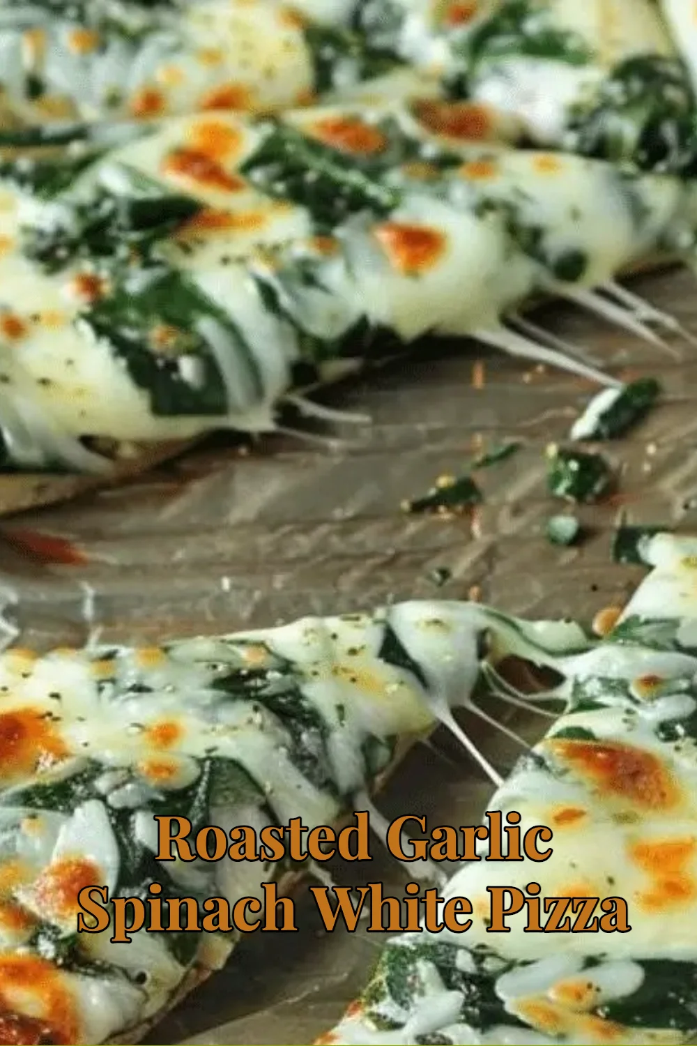 Roasted garlic spinach white pizza topped with fresh spinach and mozzarella cheese.