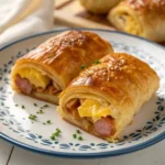 Delicious sausage egg breakfast roll-ups on a plate, ideal for a quick meal.