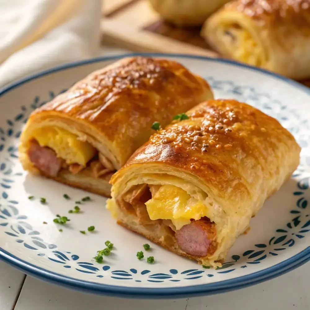 Delicious sausage egg breakfast roll-ups on a plate, ideal for a quick meal.