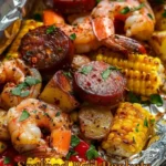 Delicious seafood boil packets with shrimp, crab, corn, and seasonings.