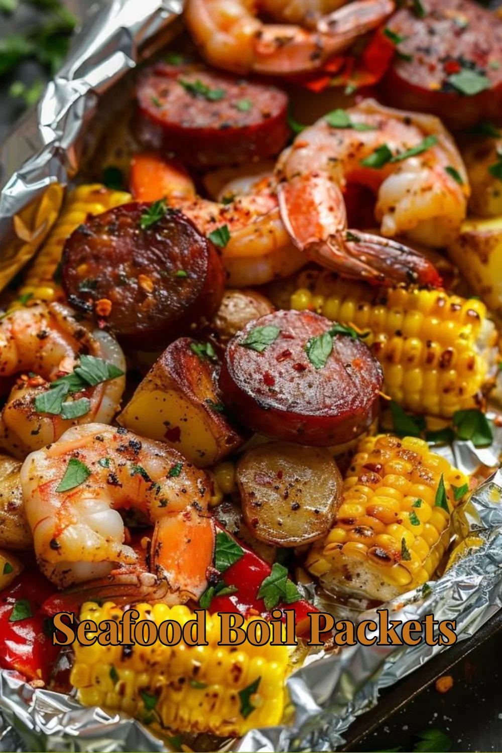 Delicious seafood boil packets with shrimp, crab, corn, and seasonings.