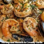Shrimp and mussels in creamy garlic sauce served in a bowl