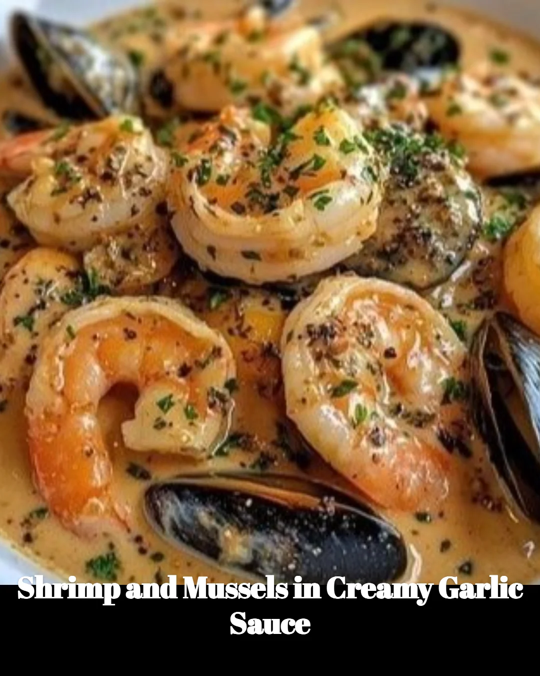 Shrimp and mussels in creamy garlic sauce served in a bowl