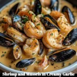 Plate of shrimp and mussels in creamy garlic sauce garnished with herbs