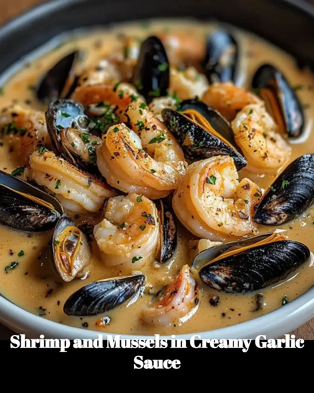 Plate of shrimp and mussels in creamy garlic sauce garnished with herbs