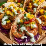 Shrimp tacos topped with mango salsa and creamy cilantro sauce on a plate.