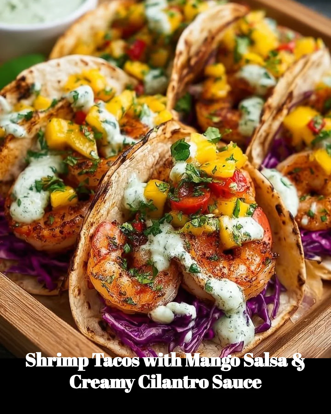 Shrimp tacos topped with mango salsa and creamy cilantro sauce on a plate.