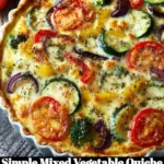 A freshly baked simple mixed vegetable quiche with colorful vegetables.
