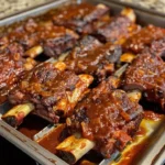 Delicious slow cooker barbequed beef ribs served with barbecue sauce and sides.