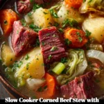 Delicious slow cooker corned beef stew with cabbage and potatoes served in a bowl
