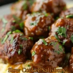 Slow Cooker Salisbury Steak Meatballs served with gravy and mashed potatoes
