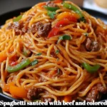 Plate of spaghetti beef sautéed with colorful peppers, a delightful and savory dish.
