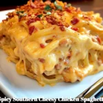 Delicious Spicy Southern Cheesy Chicken Spaghetti Casserole in a baking dish