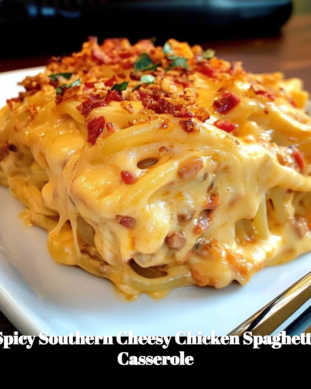 Delicious Spicy Southern Cheesy Chicken Spaghetti Casserole in a baking dish
