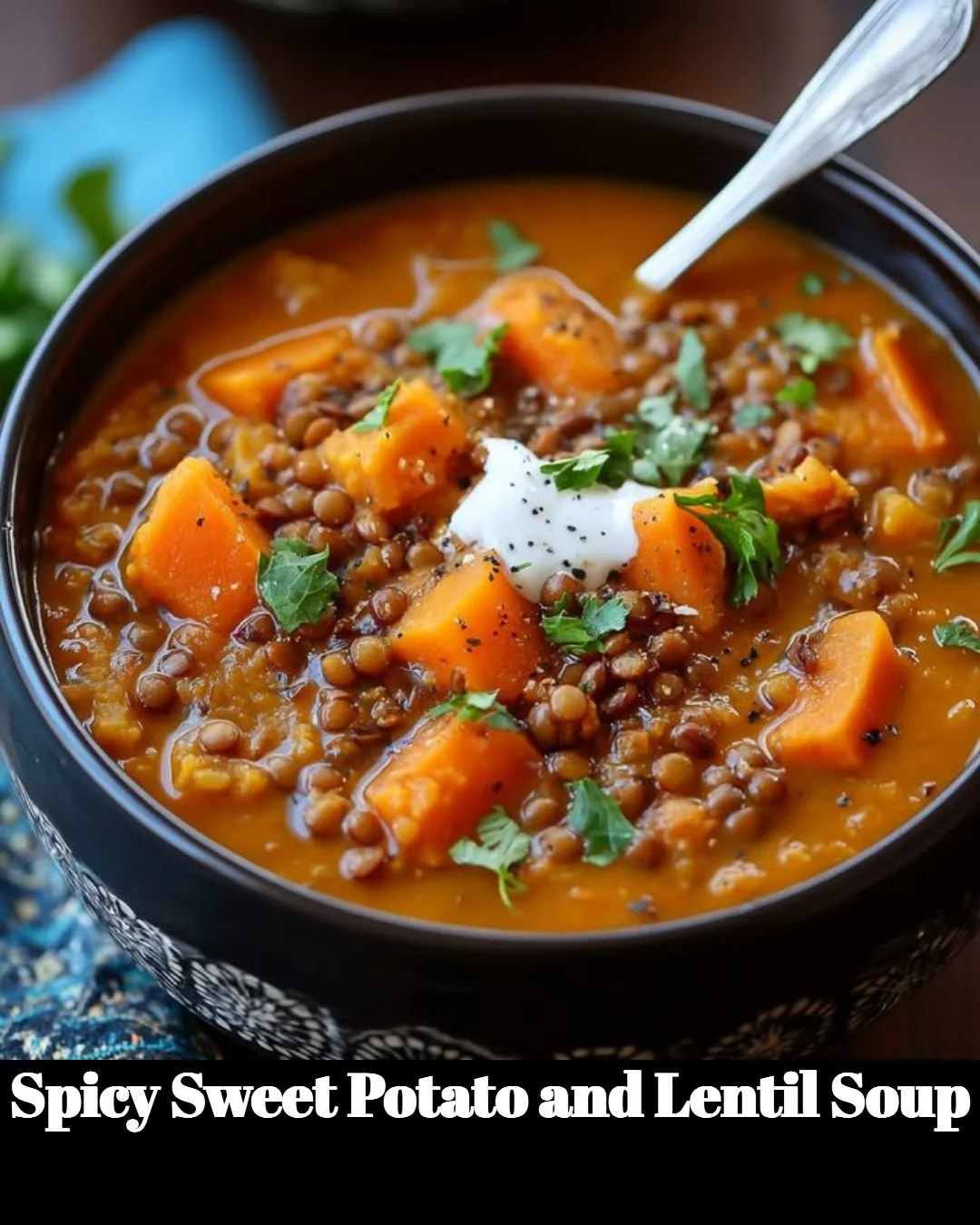 Bowl of spicy sweet potato and lentil soup garnished with herbs