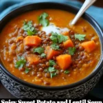 Bowl of spicy sweet potato and lentil soup garnished with herbs