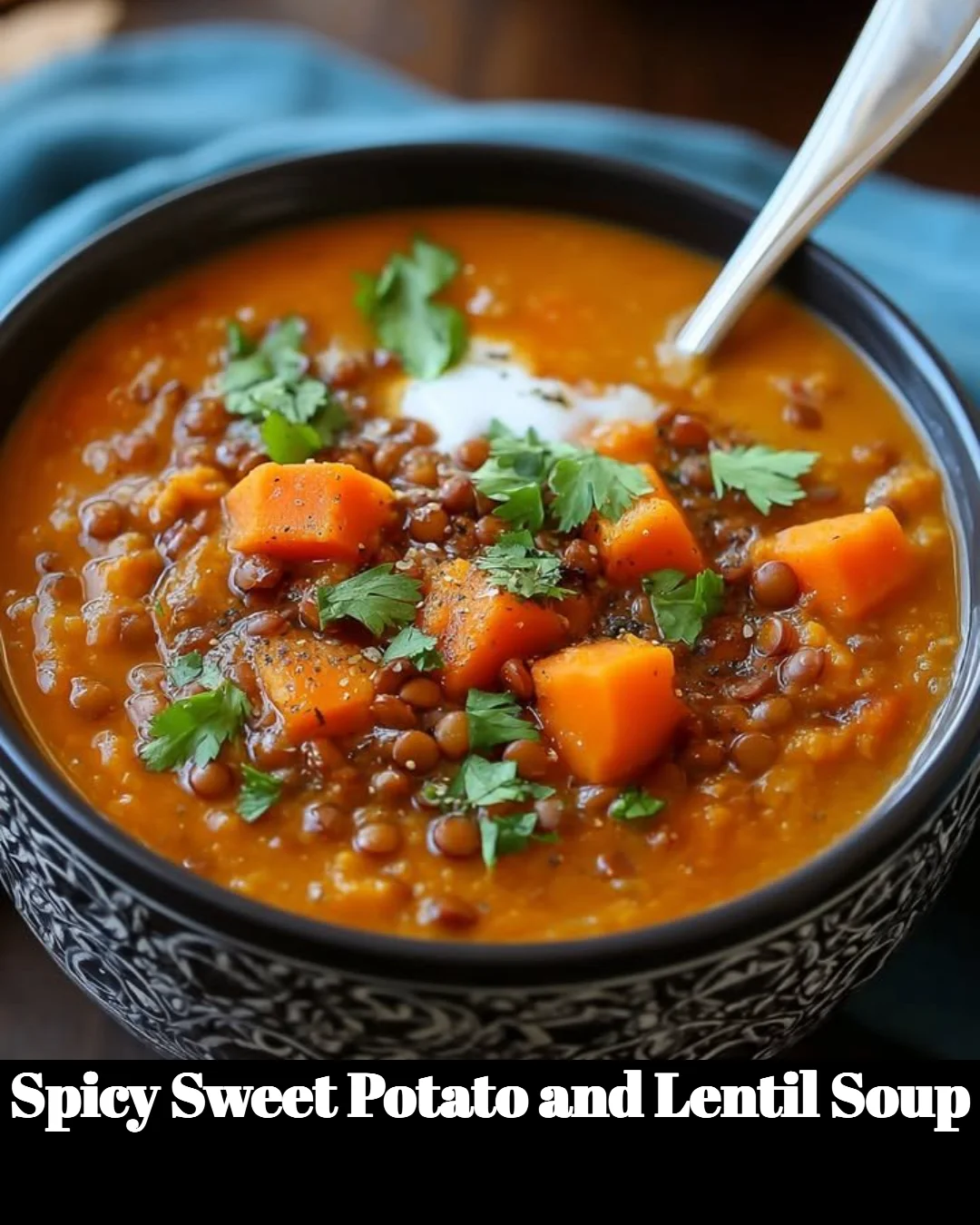 Bowl of spicy sweet potato and lentil soup garnished with herbs