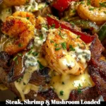 Steak, shrimp, and mushroom topped loaded baked potatoes served on a plate.