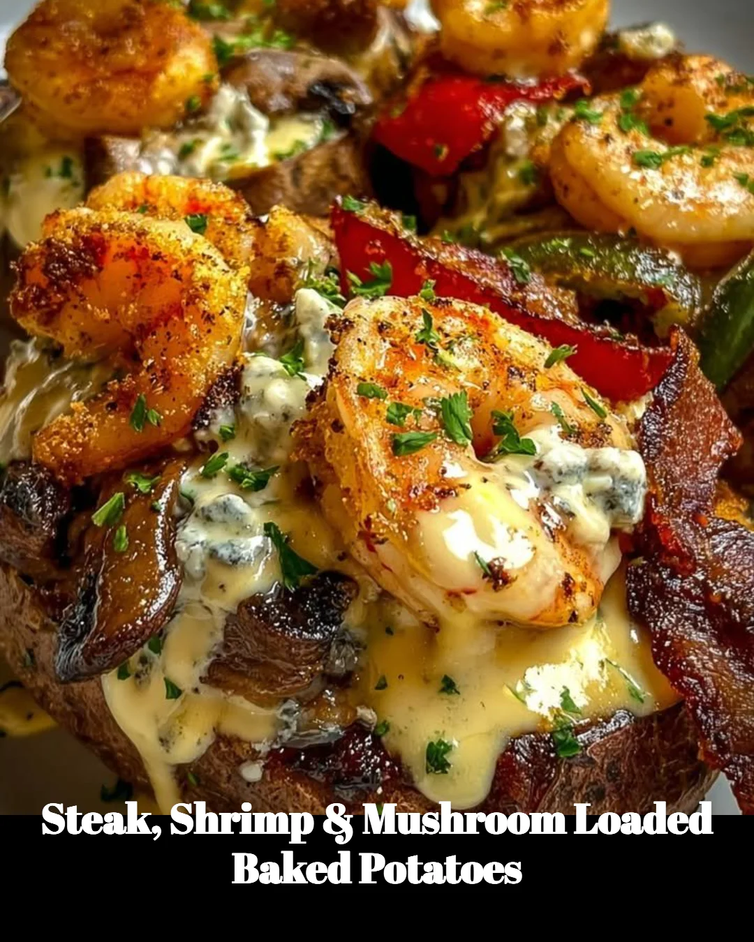 Steak, shrimp, and mushroom topped loaded baked potatoes served on a plate.