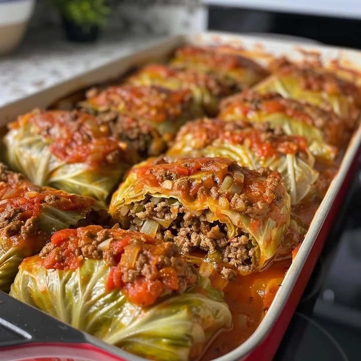 Delicious stuffed cabbage rolls filled with meat and rice on a plate