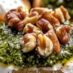 Stuffed sweet potatoes with burrata, walnuts, and sage pesto on a plate